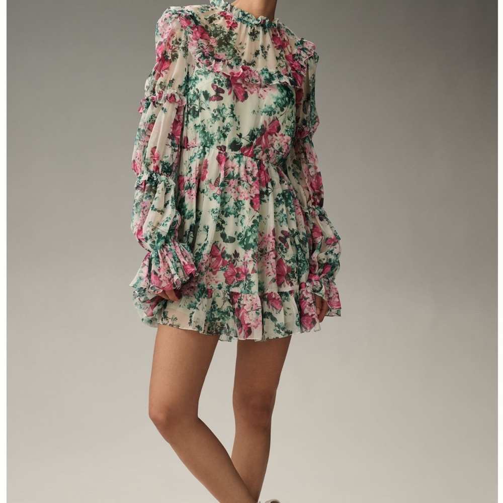 Mac Duggal Pink & Green Floral Ruffle Mini Dress - Picture 2 of 16